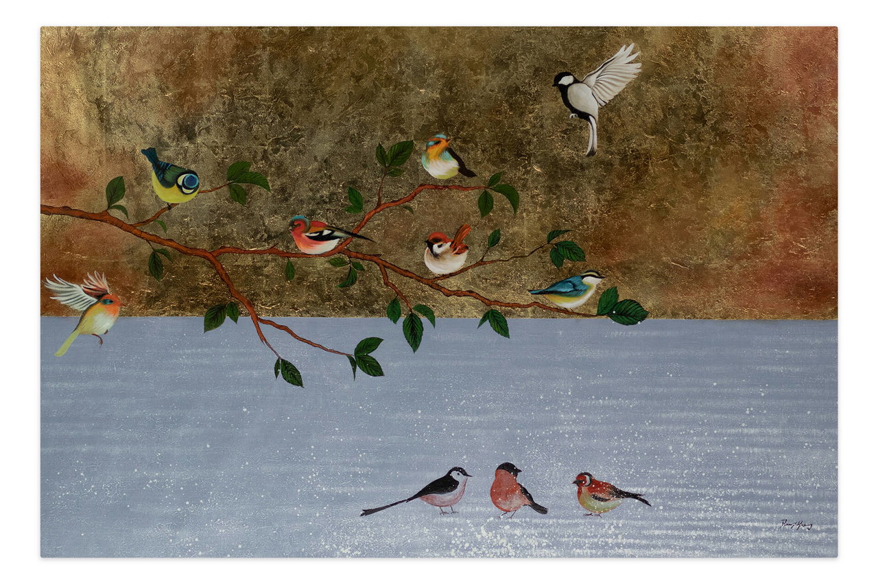 XXL Olieverf schilderijen 'Paradise of the Birds' | Handgeschilderd unicum komt in de ruimte goed tot zijn recht.