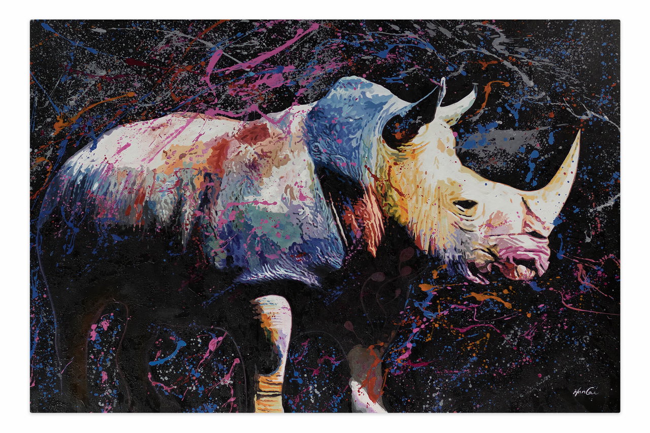 XXL Olieverf schilderijen 'Proud Rhino' | Handgeschilderd unicum komt in de ruimte goed tot zijn recht.