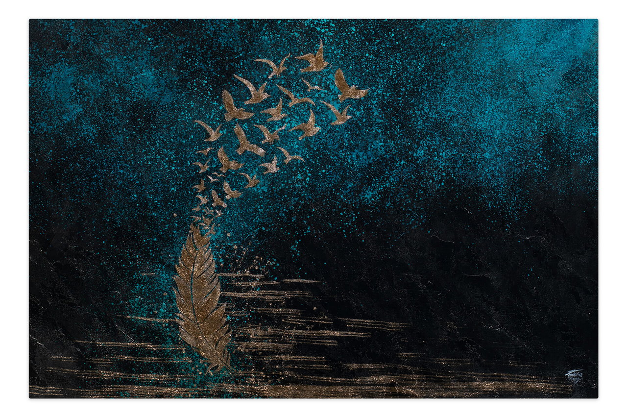 Olieverf schilderijen ' Feather’s Gold' | Handgeschilderd unicum 180x120cm in de ruimte.
