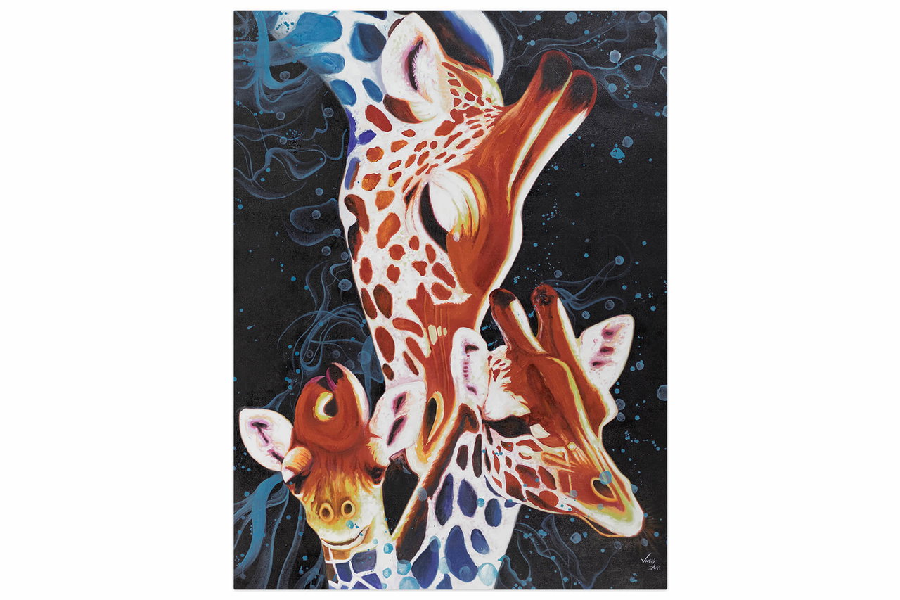 XXL Olieverf schilderijen 'Song of the Giraffes' | Handgeschilderd unicum komt in de ruimte goed tot zijn recht.