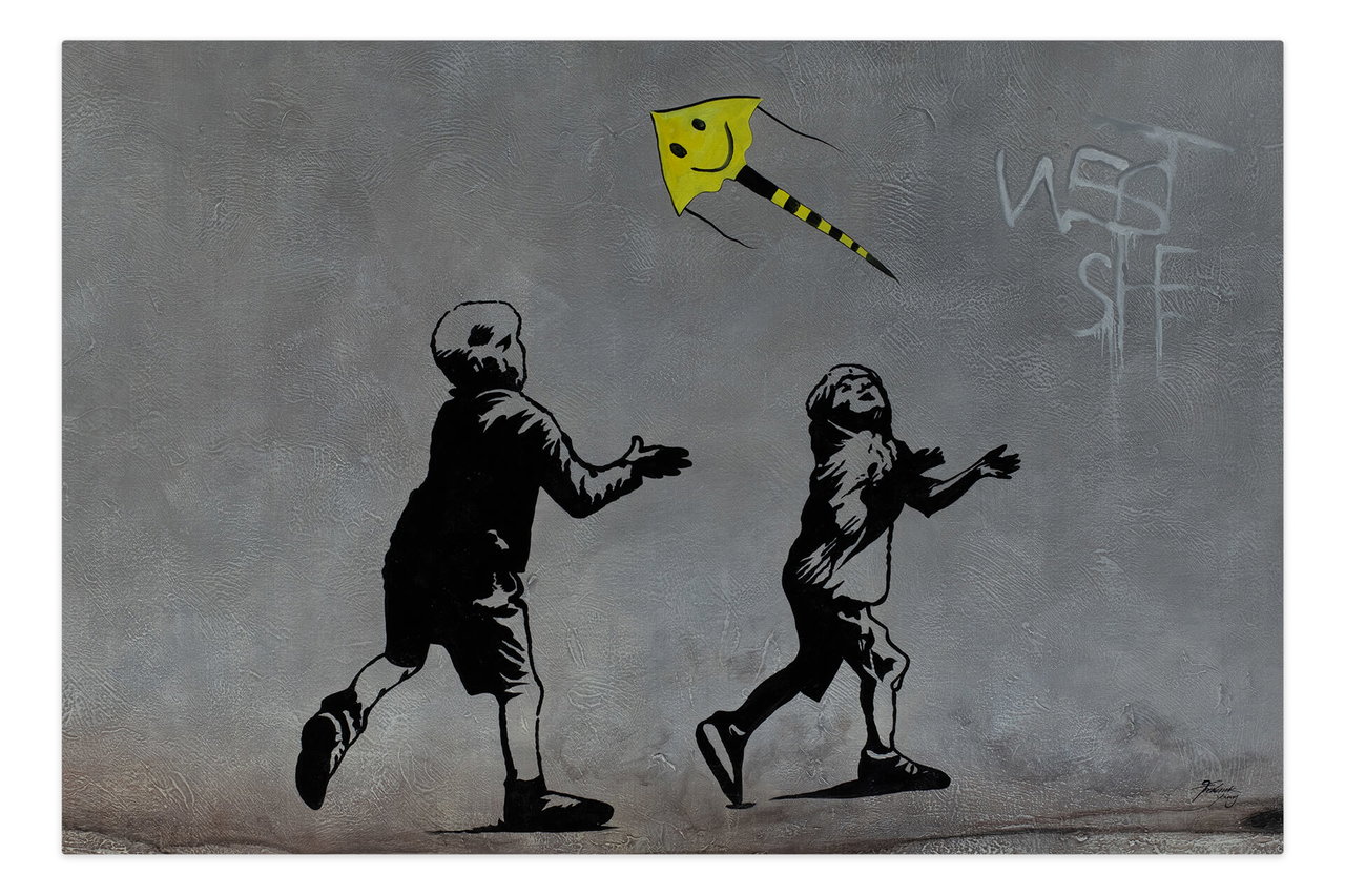 Olieverf schilderijen 'The Yellow Kite' | Handgeschilderd unicum 180x120cm in de ruimte.