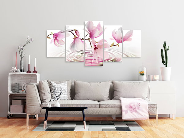 Kunstdruck auf Leinwand 'Magnolias over Water (5-teilig) Wide Pink'