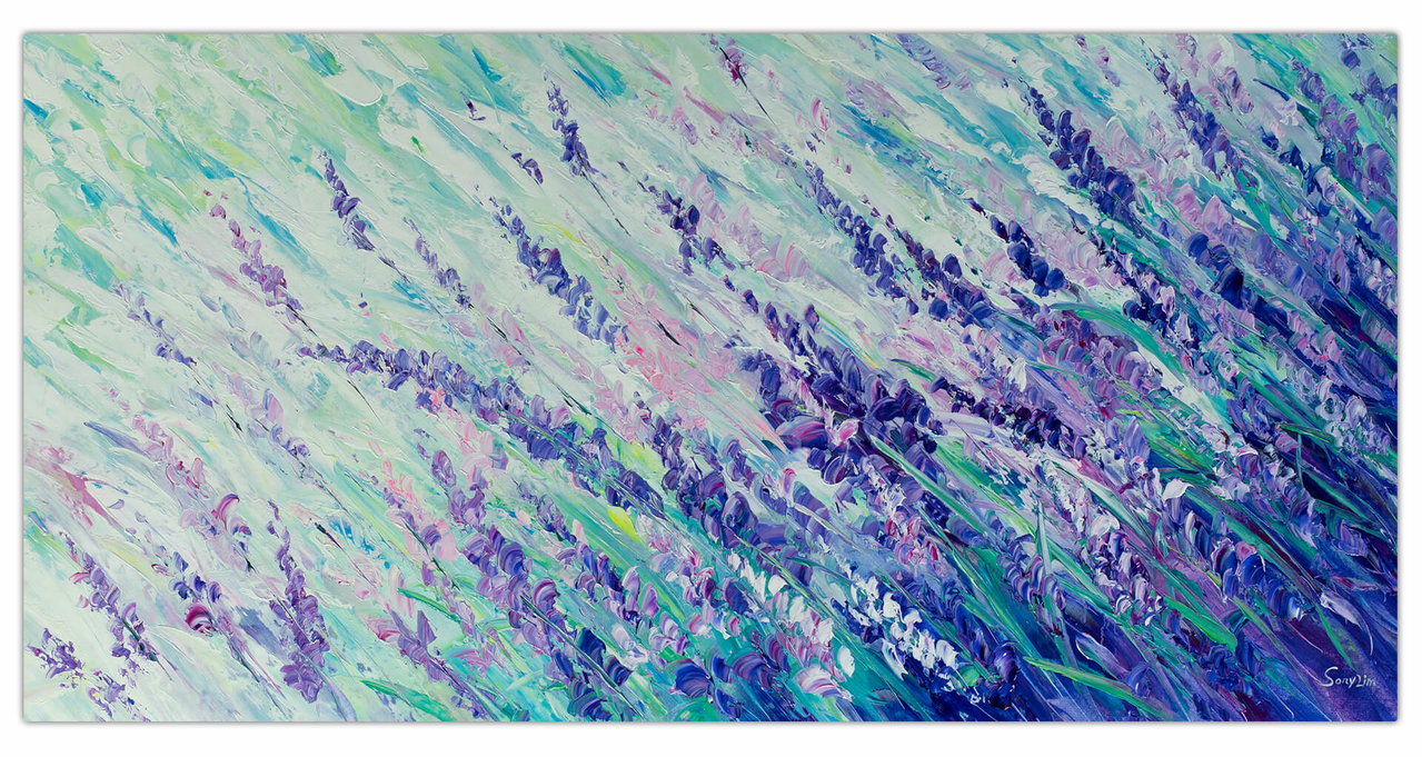 XXL Olieverf schilderijen 'Lavender Universe' | Handgeschilderd unicum 200x100cm komt in de ruimte goed tot zijn recht.