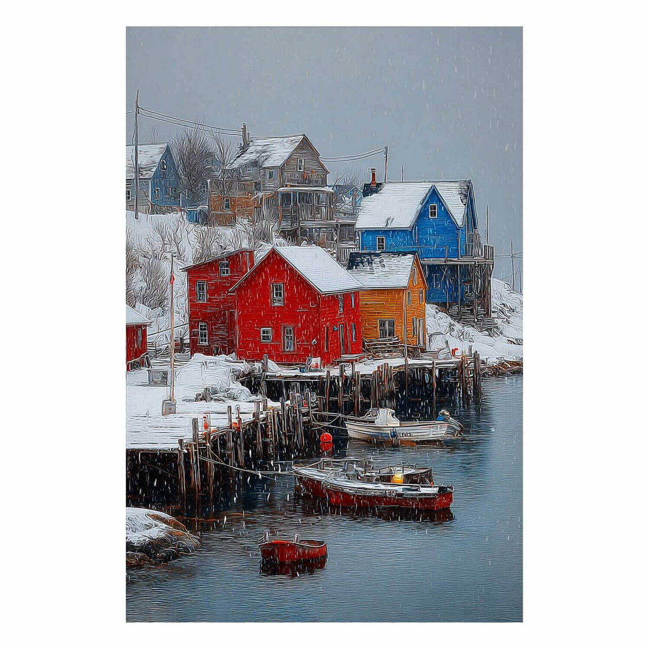 Handgeschilderd schilderij 'Besneeuwde havenhuisjes' | incl. certificaat van echtheid komt in de ruimte goed tot zijn recht.