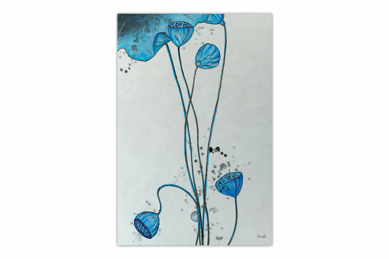 XXL Olieverf schilderijen 'Poppy in Blue' | Handgeschilderd unicum in de ruimte.