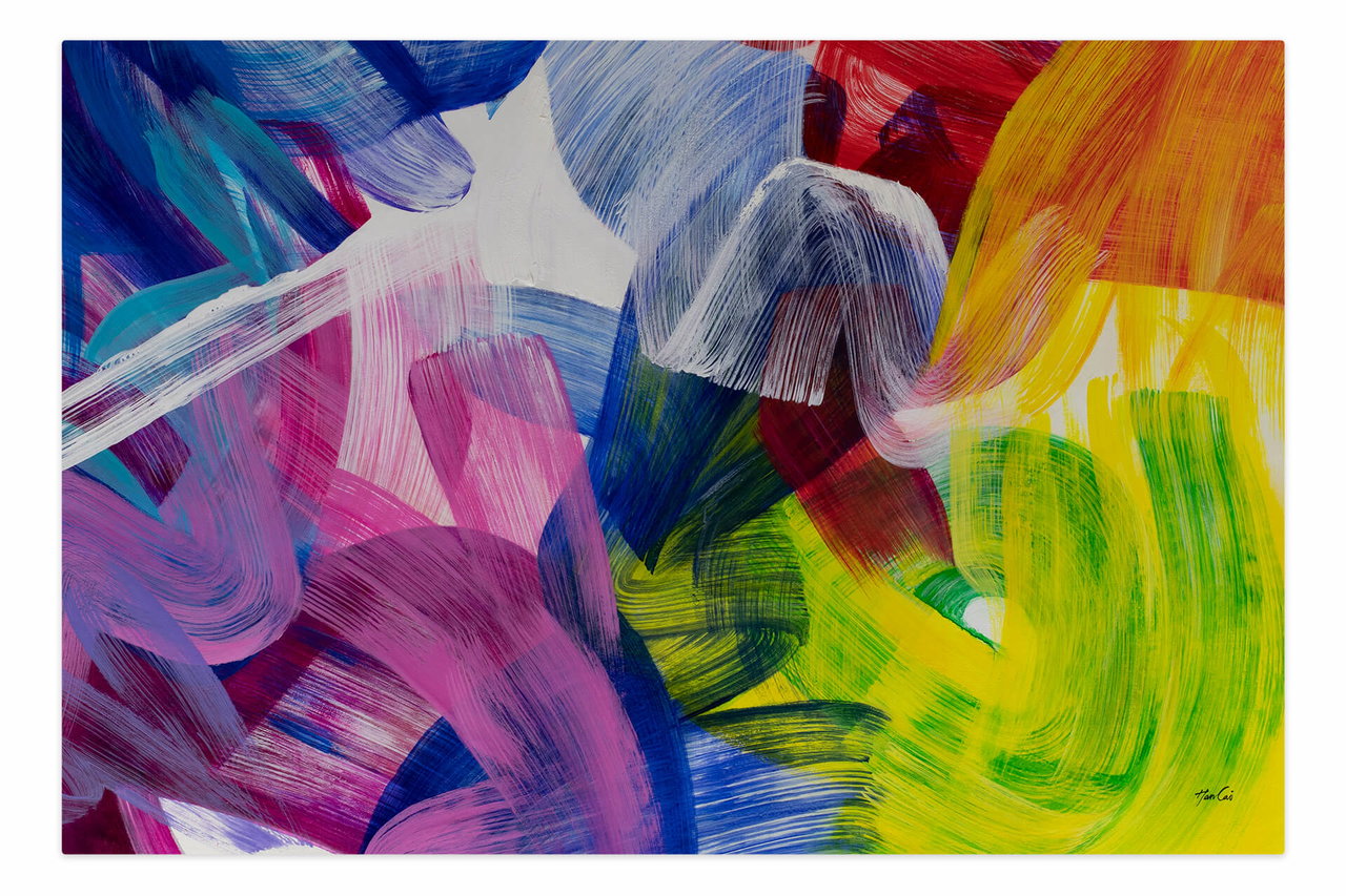 XXL Olieverf schilderijen 'Colorful Fusion' | Handgeschilderd unicum komt in de ruimte goed tot zijn recht.