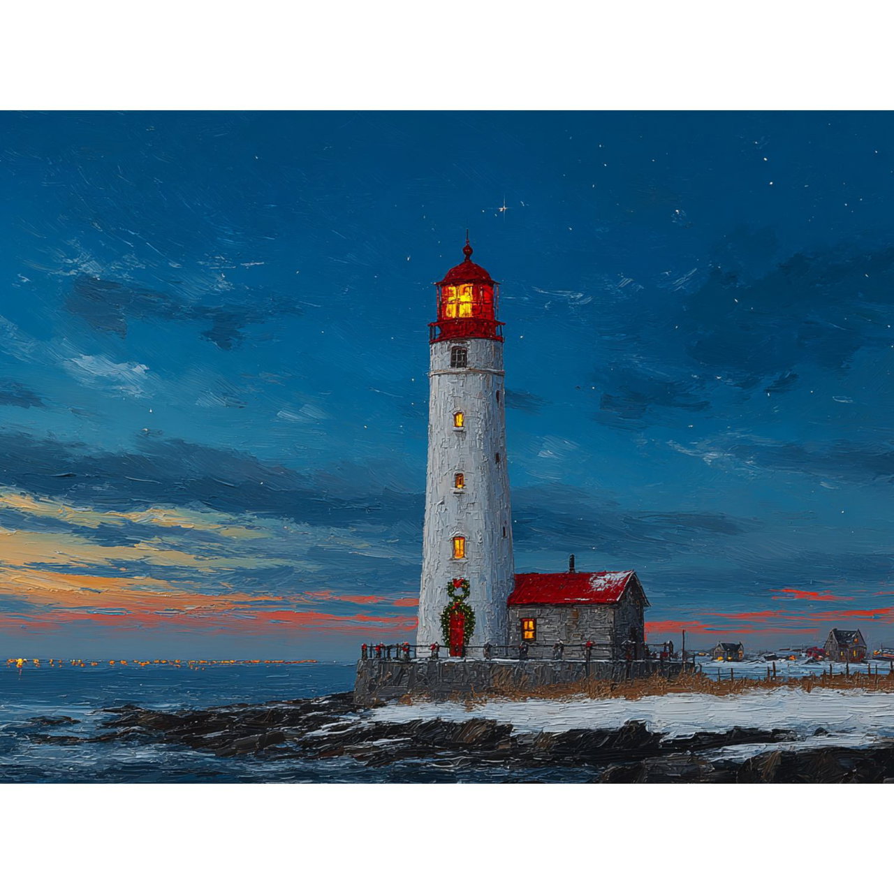 Handgeschilderd schilderij 'Sterrenwintervuurtoren' | incl. certificaat van echtheid komt in de ruimte goed tot zijn recht.