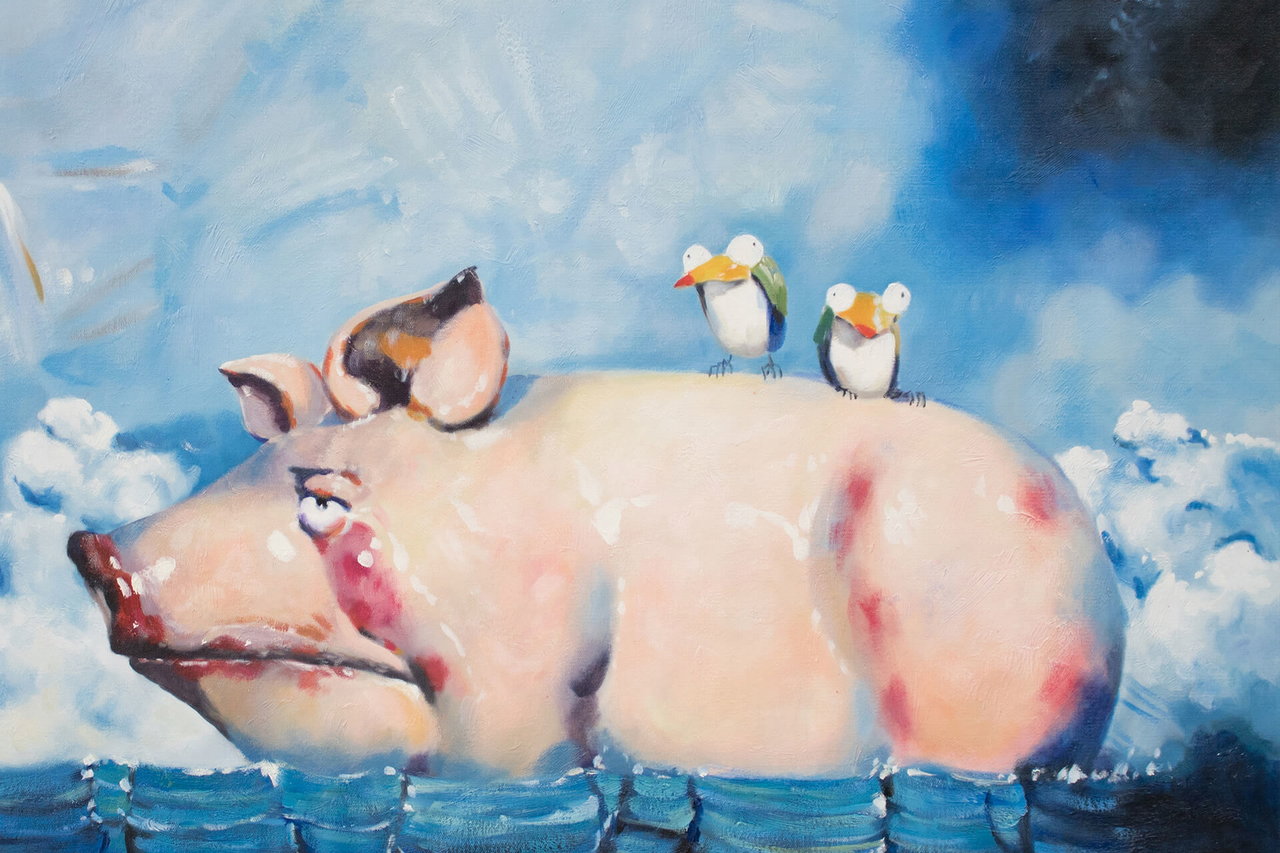 XXL Olieverf schilderijen 'A Pig's Life' | Handgeschilderd unicum komt in de ruimte goed tot zijn recht.