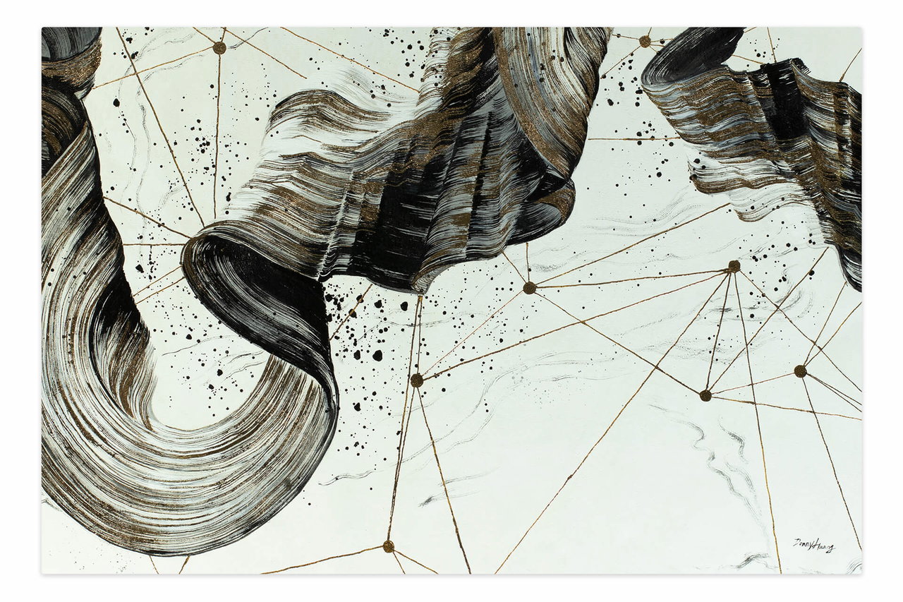 Olieverf schilderijen 'Coal Marks' | Handgeschilderd unicum 180x120cm in de ruimte.