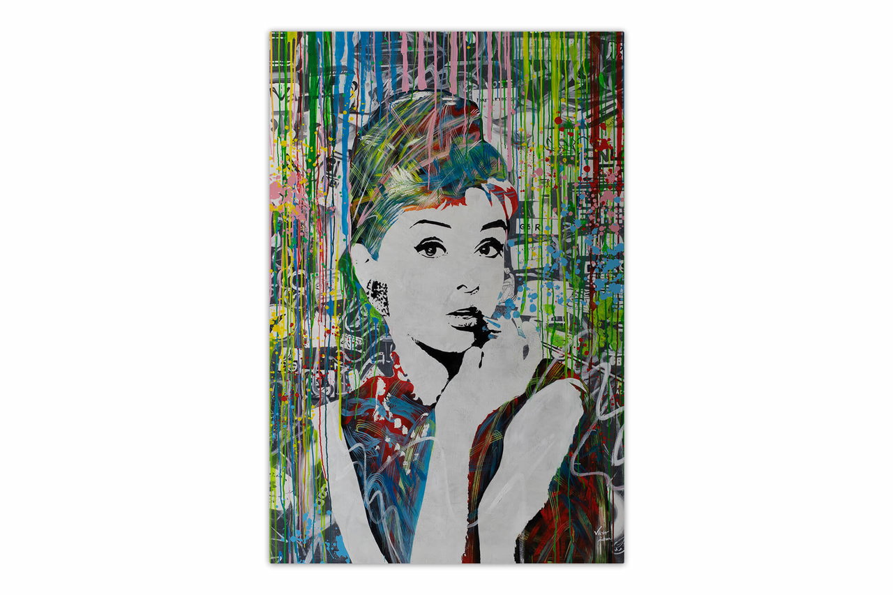 XXL Olieverf schilderijen 'Colourful Audrey' | Handgeschilderd unicum komt in de ruimte goed tot zijn recht.
