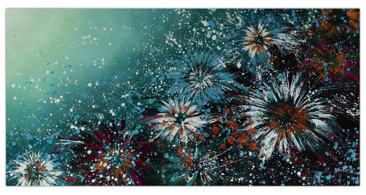 XXL Olieverf schilderijen 'Blue Sea of Flowers' | Handgeschilderd unicum komt in de ruimte goed tot zijn recht.