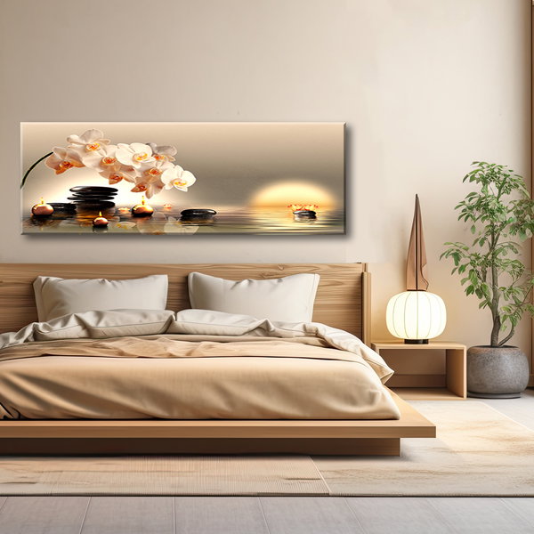 Kunstdruck auf Leinwand 'White Orchids and Zen Stones on Water'