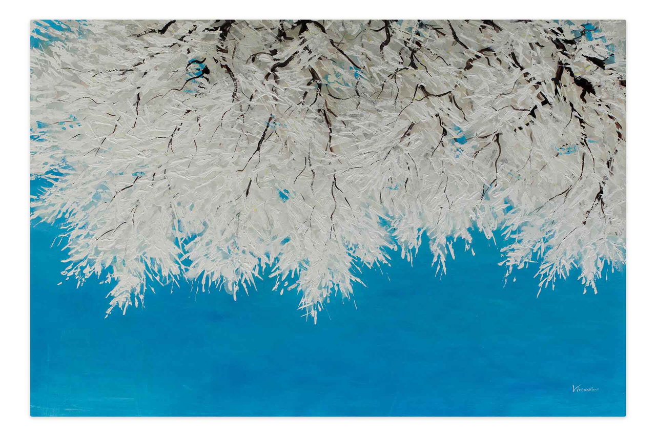 Olieverf schilderijen 'Snowy Branches' | Handgeschilderd unicum 180x120cm komt in de ruimte goed tot zijn recht.