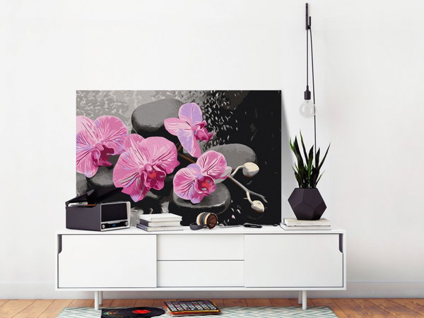 Malen nach Zahlen für Erwachsene 'Orchidee mit Zen Steinen (schwarzer Hintergrund)'