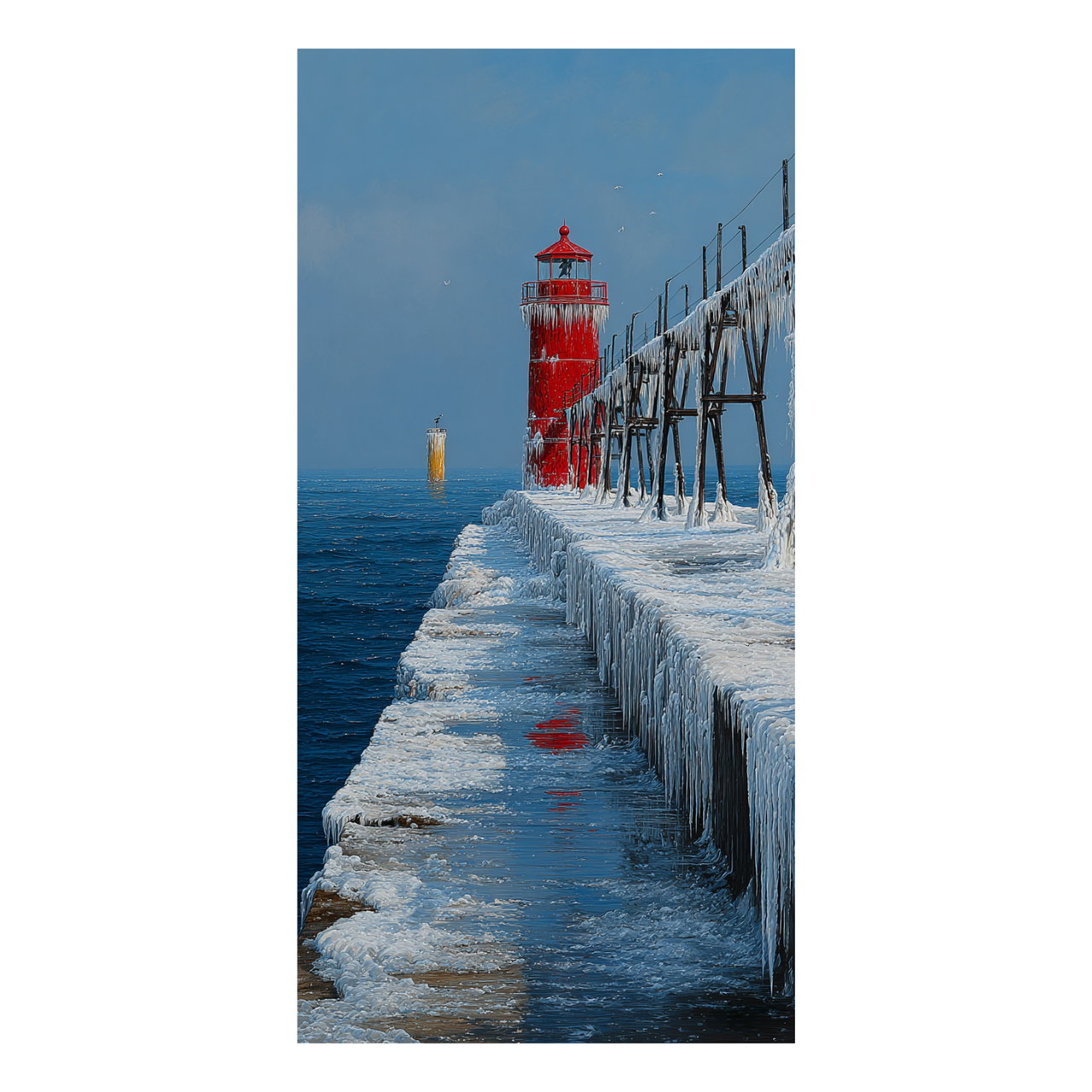 Handgeschilderd schilderij 'Baken aan de bevroren pier' | incl. certificaat van echtheid komt in de ruimte goed tot zijn recht.