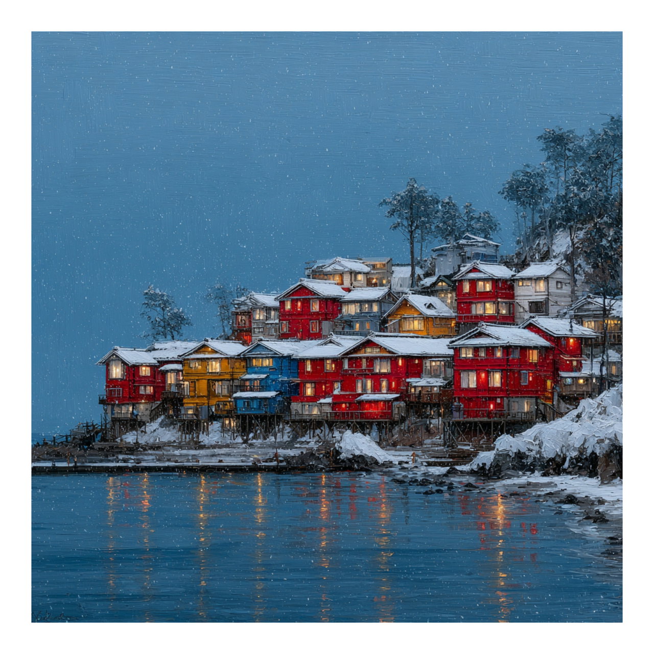 Handgeschilderd schilderij 'Winterdorp aan de fjord' | incl. certificaat van echtheid komt in de ruimte goed tot zijn recht.