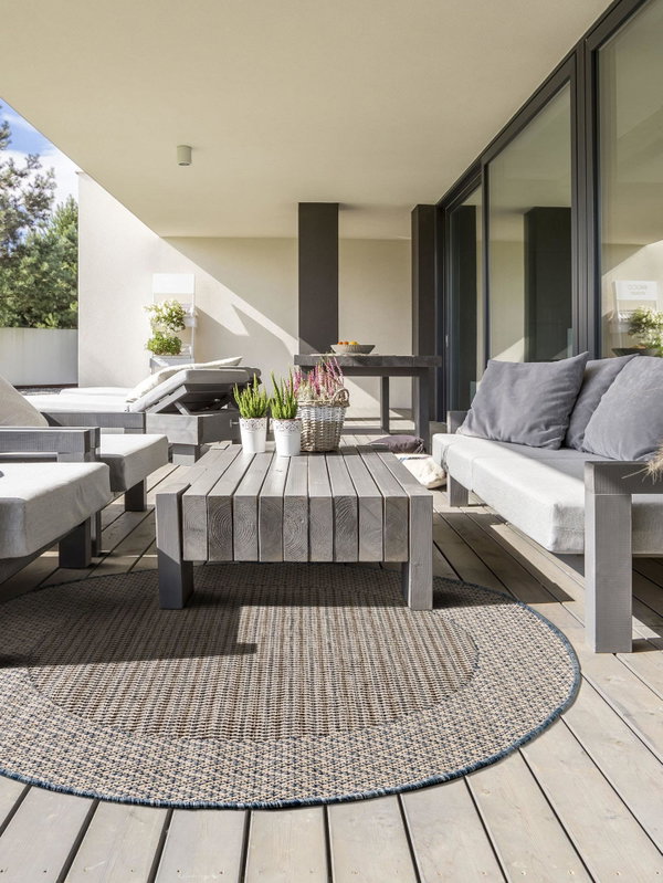 Design In- &amp; Outdoor Runder Teppich River Beige/Blau