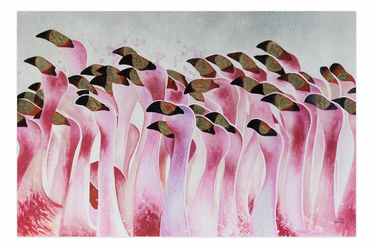 XXL Olieverf schilderijen 'Magnificent Flamingos' | Handgeschilderd unicum komt in de ruimte goed tot zijn recht.
