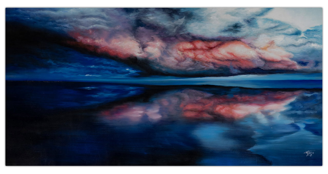 XXL Olieverf schilderijen 'Twilight over the Sea' | Handgeschilderd unicum 200x100cm komt in de ruimte goed tot zijn recht.