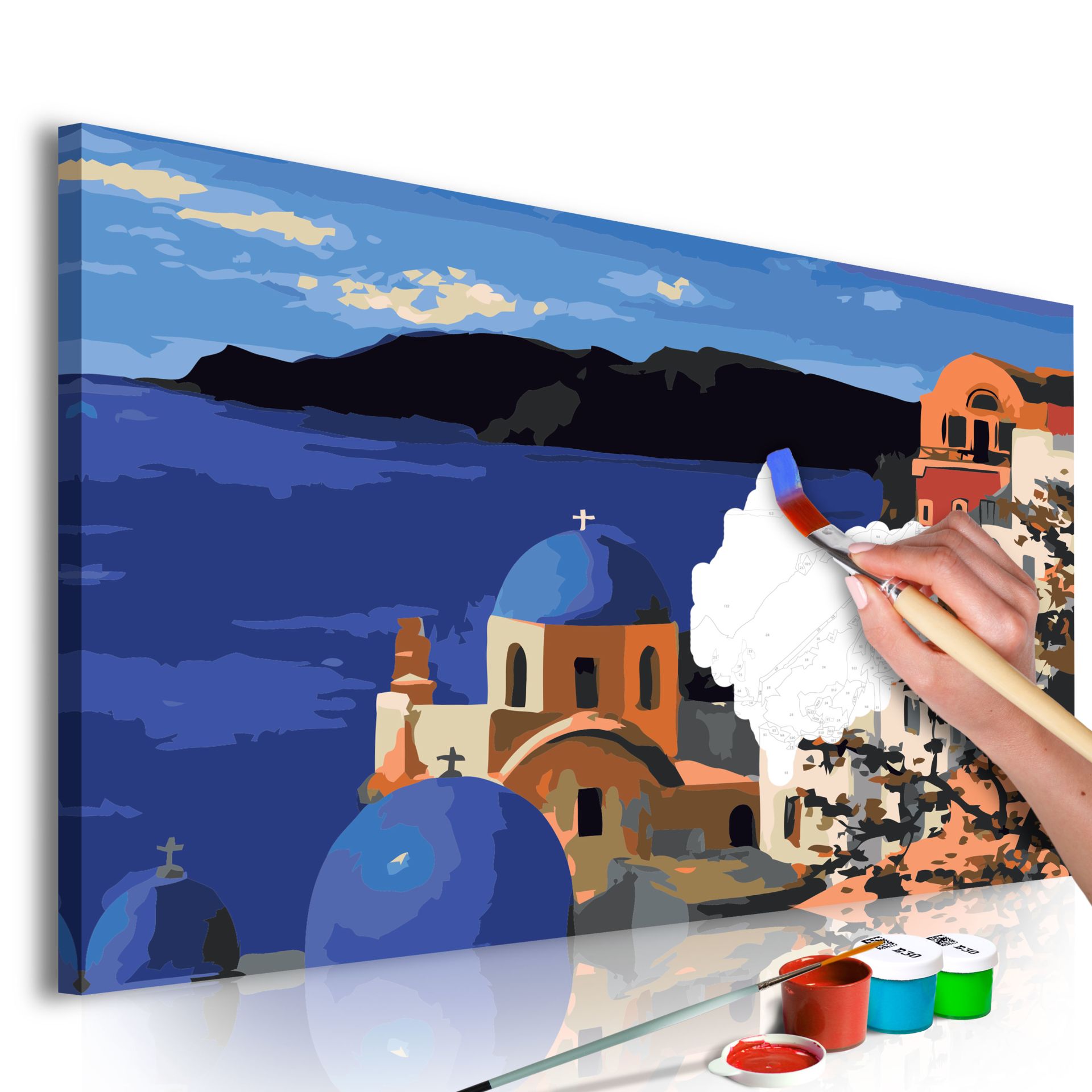 Malen Nach Zahlen Kit „Santorini Blue House“ – 40x50 Cm Leinwand Mit Acrylfarben, Inkl. Pinsel & Rahmen