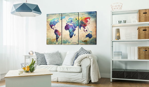 Kunstdruck auf Leinwand 'Bunte Weltkarte - Triptychon'