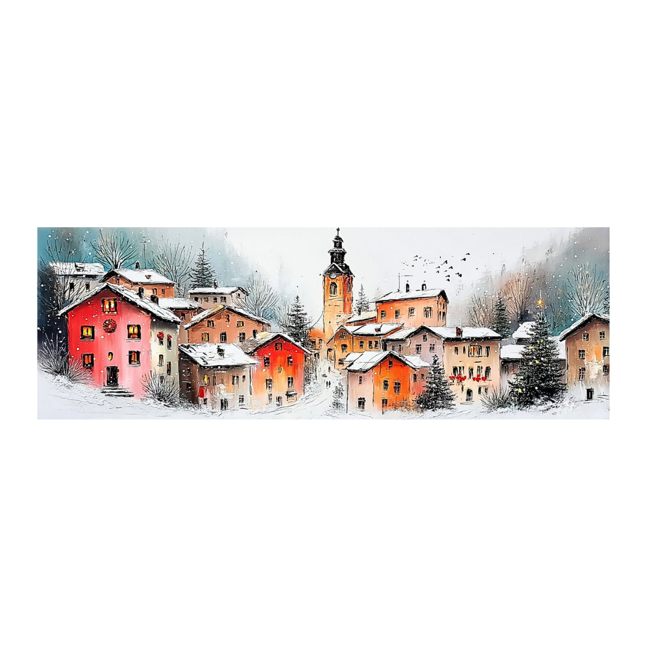 Handgeschilderd schilderij 'Besneeuwd dorp' | incl. certificaat van echtheid komt in de ruimte goed tot zijn recht.
