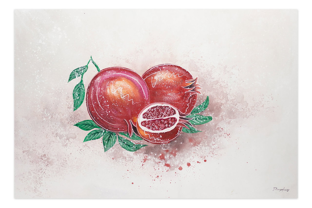 XXL Olieverf schilderijen 'Luminous Pomegranate' | Handgeschilderd unicum komt in de ruimte goed tot zijn recht.