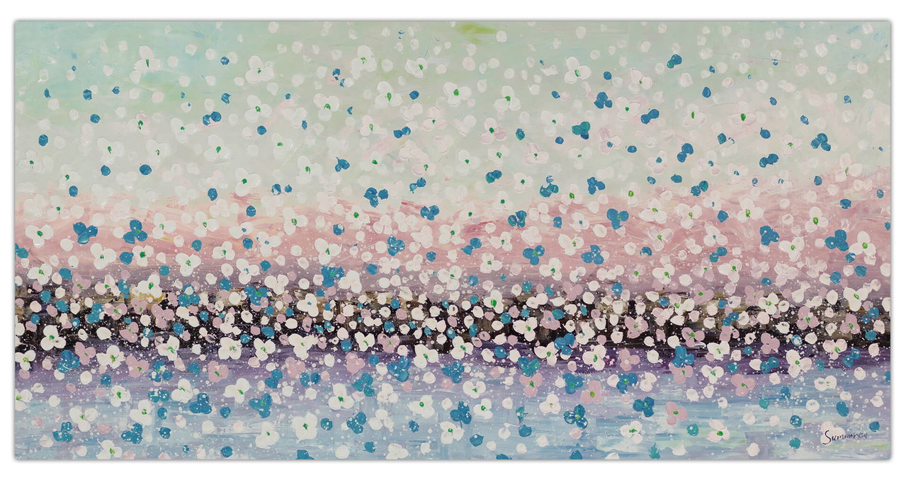 XXL Olieverf schilderijen 'Flower Rain in Pastel' | Handgeschilderd unicum komt in de ruimte goed tot zijn recht.