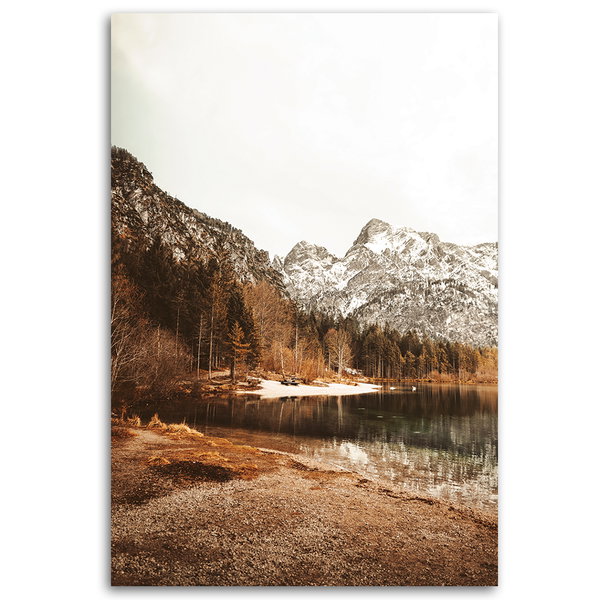 Kunstdruck auf Leinwand 'Snow-Capped Mountains by Serene Lake'