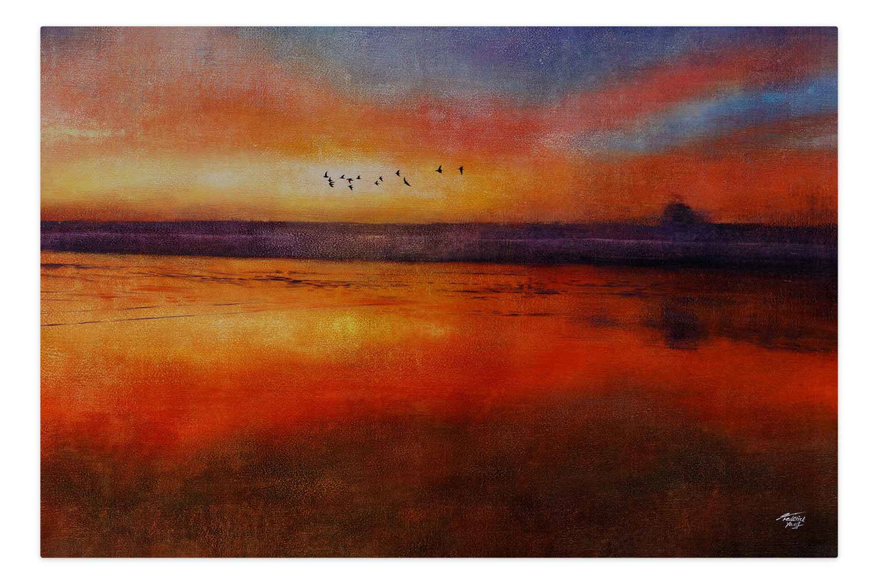 Olieverf schilderijen 'Colorful Sunset' | Handgeschilderd unicum 180x120cm in de ruimte.