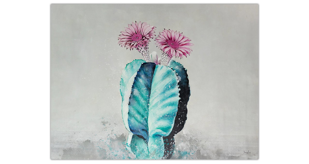 XXL Olieverf schilderijen 'Flowering Cactus' | Handgeschilderd unicum komt in de ruimte goed tot zijn recht.