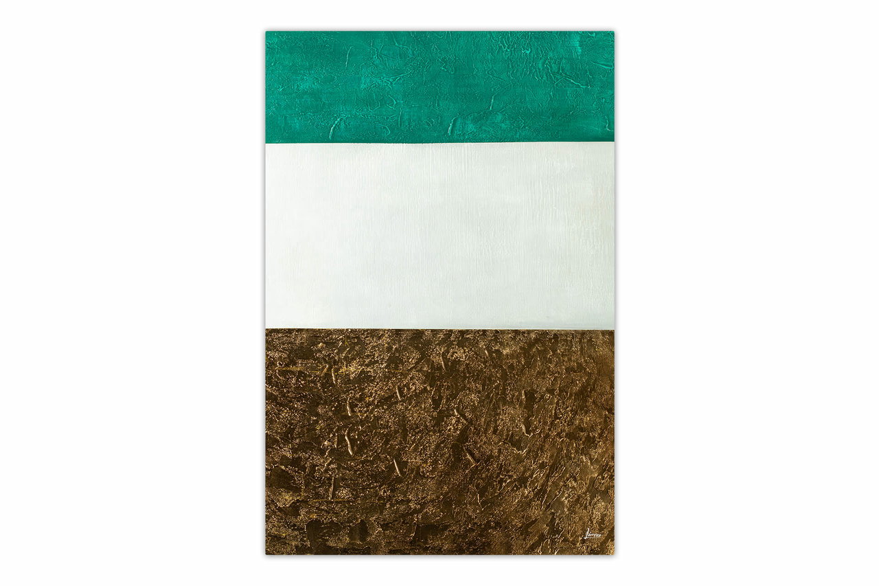 XXL Olieverf schilderijen 'Emerald Sky' | Handgeschilderd unicum komt in de ruimte goed tot zijn recht.