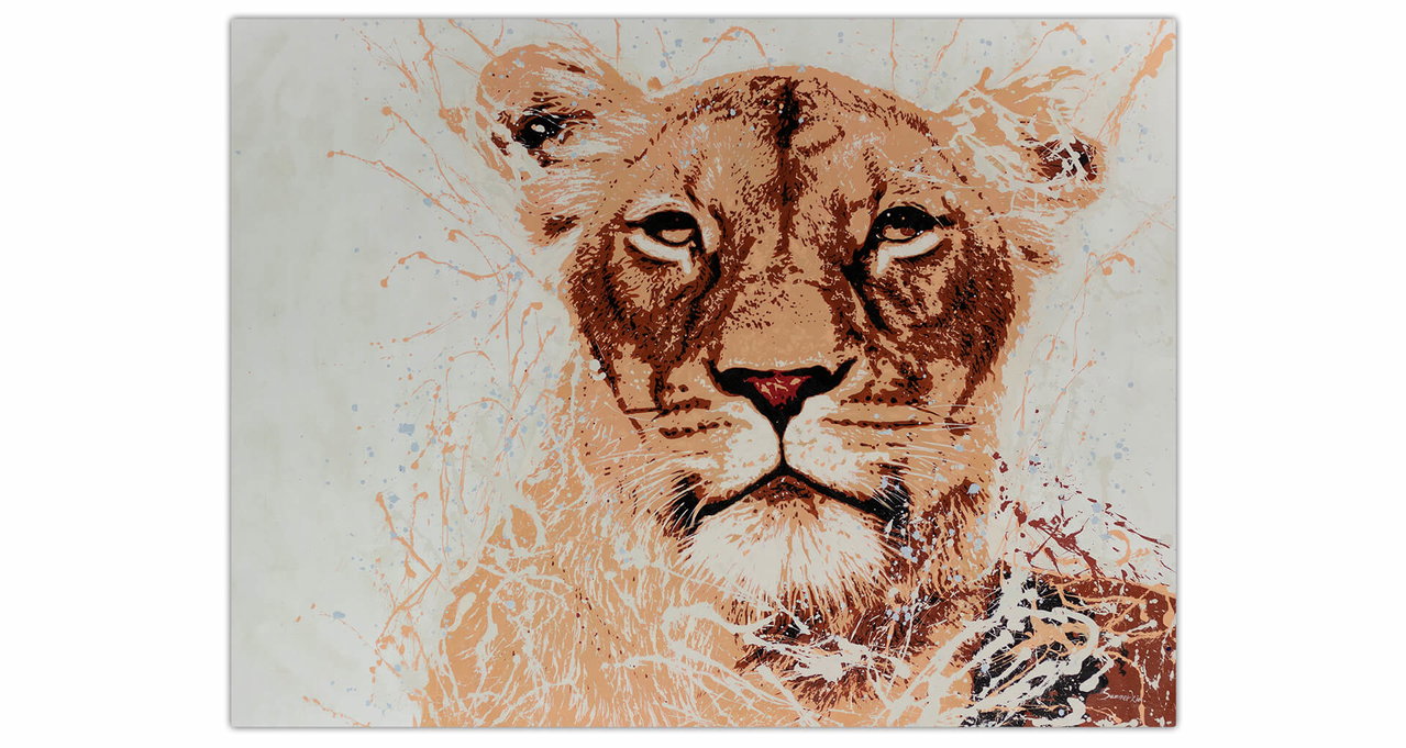 XXL Olieverf schilderijen 'In the Face of the Lion' | Handgeschilderd unicum 200x150cm in de ruimte.