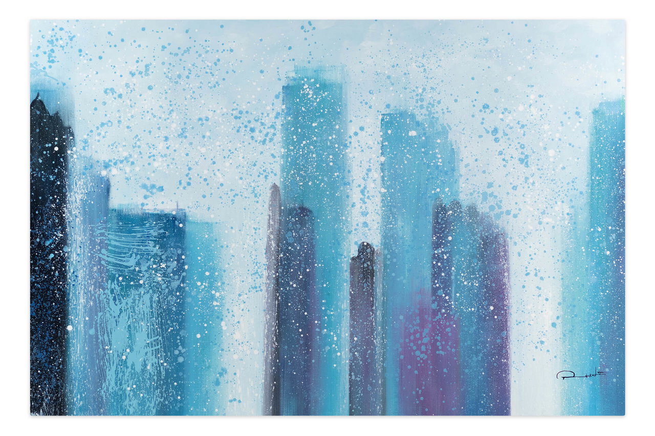 XXL Olieverf schilderijen 'The Snowy City' | Handgeschilderd unicum komt in de ruimte goed tot zijn recht.