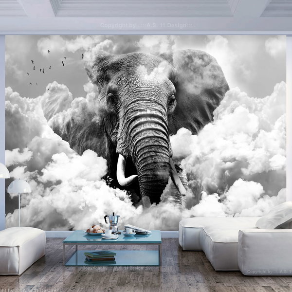 Behang 'Elephant in the Clouds (Black and White)'