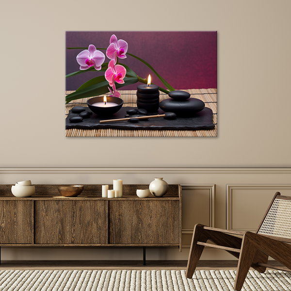 Kunstdruck auf Leinwand 'Spa Candles with Orchids and Stones'