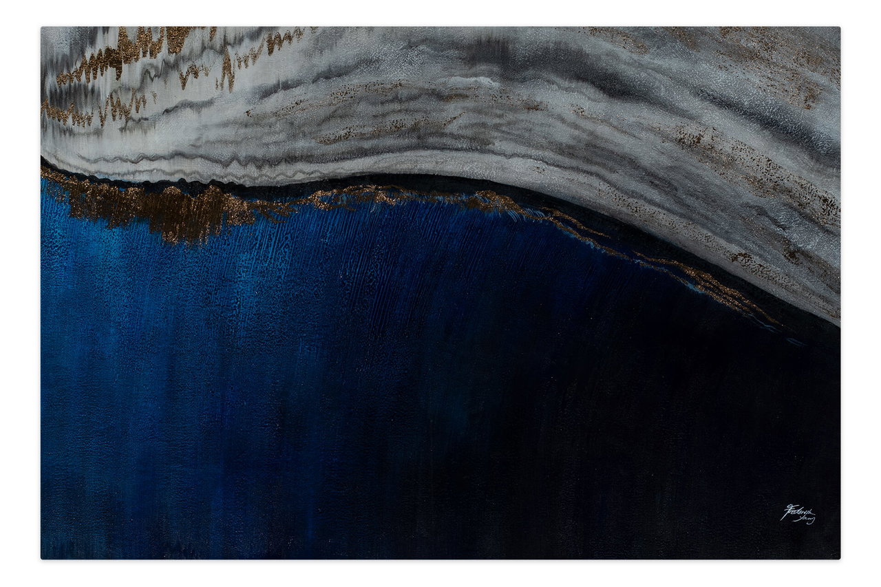 Olieverf schilderijen 'Sapphire Magic' | Handgeschilderd unicum 180x120cm komt in de ruimte goed tot zijn recht.