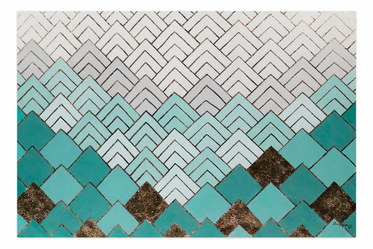 XXL Olieverf schilderijen 'Geometrical Forest' | Handgeschilderd unicum komt in de ruimte goed tot zijn recht.
