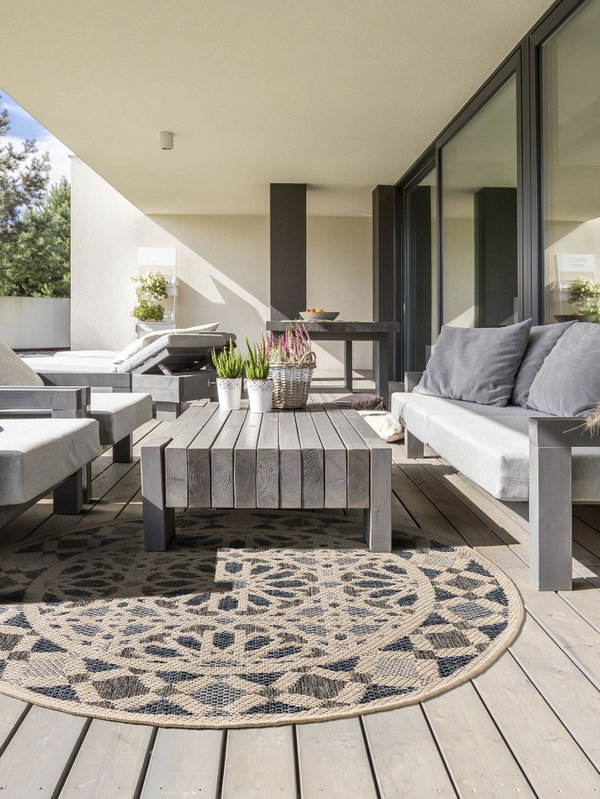 Design In- &amp; Outdoor Runder Teppich River Beige/Blau