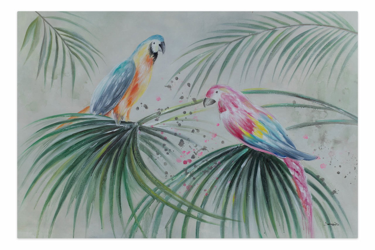 XXL Olieverf schilderijen 'Gorgeous Macaws' | Handgeschilderd unicum in de ruimte.