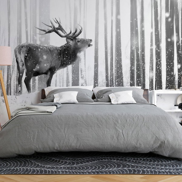 Self-adhesive wallpaper 'Deer in the Snow (Black and White)'