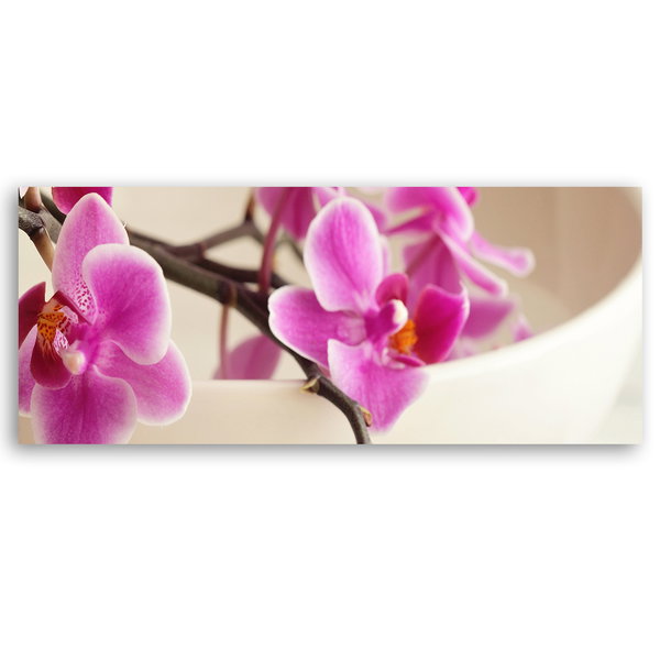 Kunstdruck auf Leinwand 'Pink Orchids in Ceramic Bowl'