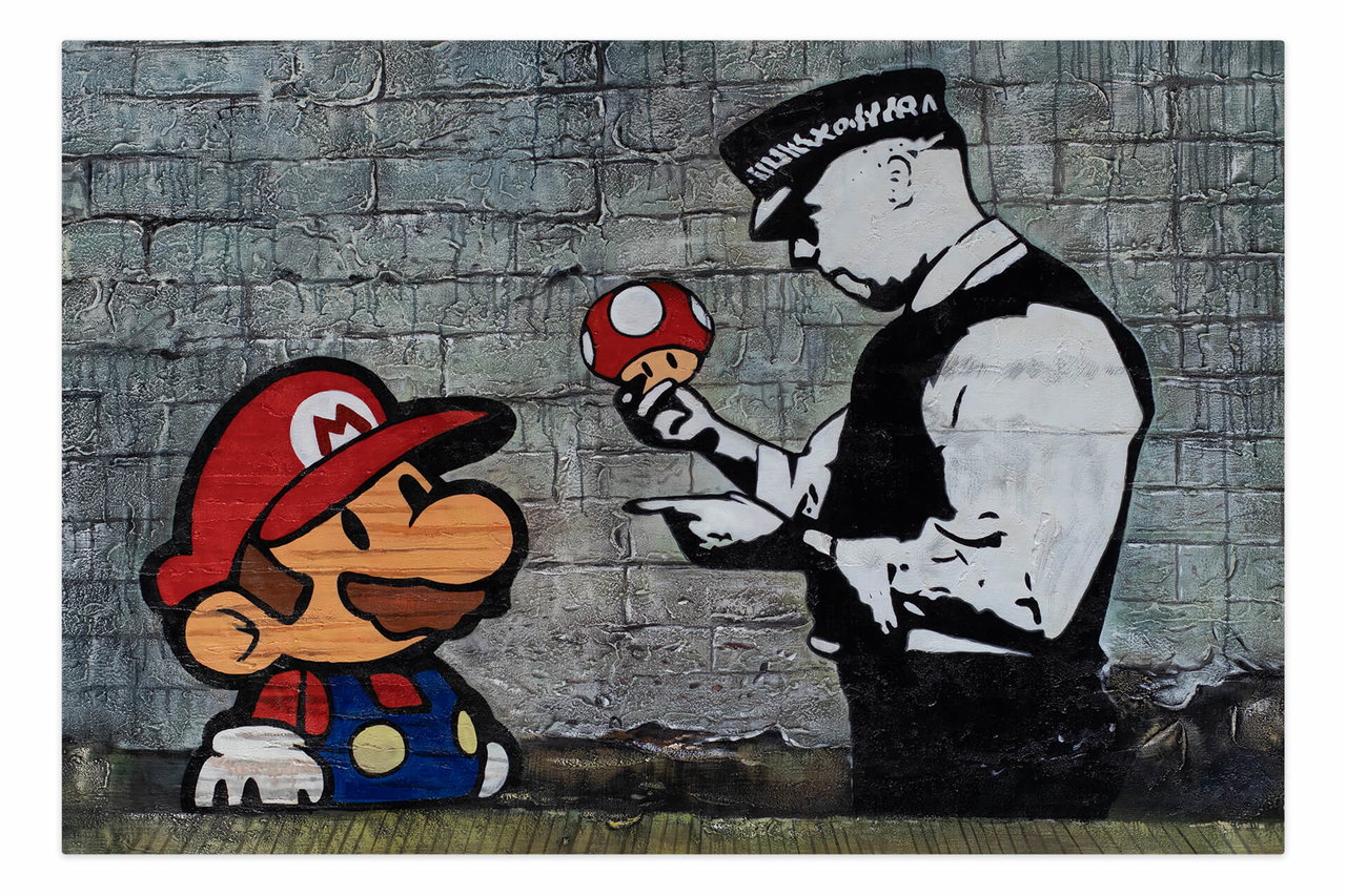 XXL Olieverf schilderijen 'Banksy's Mario' | Handgeschilderd unicum komt in de ruimte goed tot zijn recht.