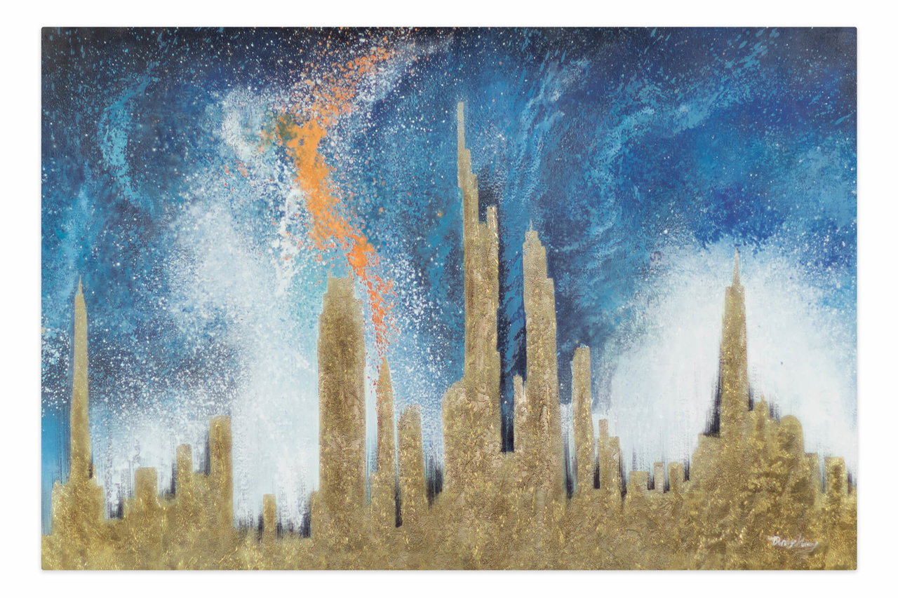 Schilderij 'City of visions' | Handgeschilderd unicum 180x120cm in de ruimte.