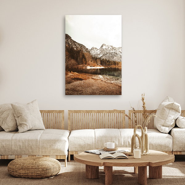 Kunstdruck auf Leinwand 'Snow-Capped Mountains by Serene Lake'