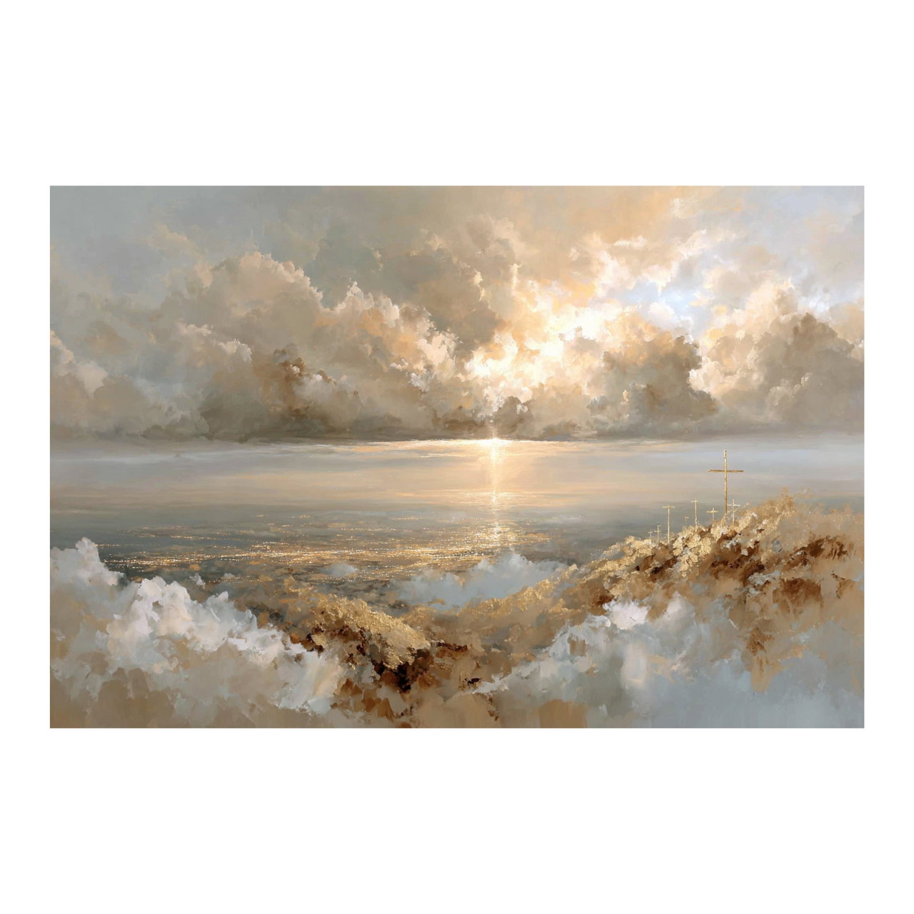 Handgeschilderd schilderij 'Licht over Golgotha' | incl. certificaat van echtheid komt in de ruimte goed tot zijn recht.