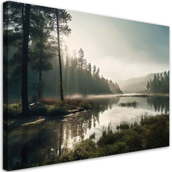 Kunstdruck auf Leinwand 'Misty Morning by the Lake'