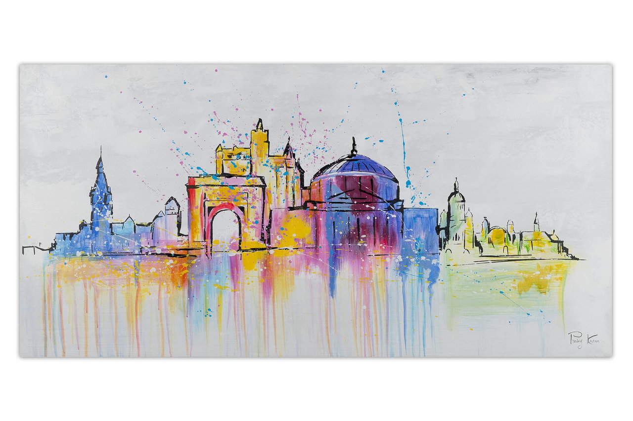 Handgeschilderd schilderij 'Bucharest Skyline Silhouette' 120x60cm | incl. certificaat van echtheid in de ruimte.