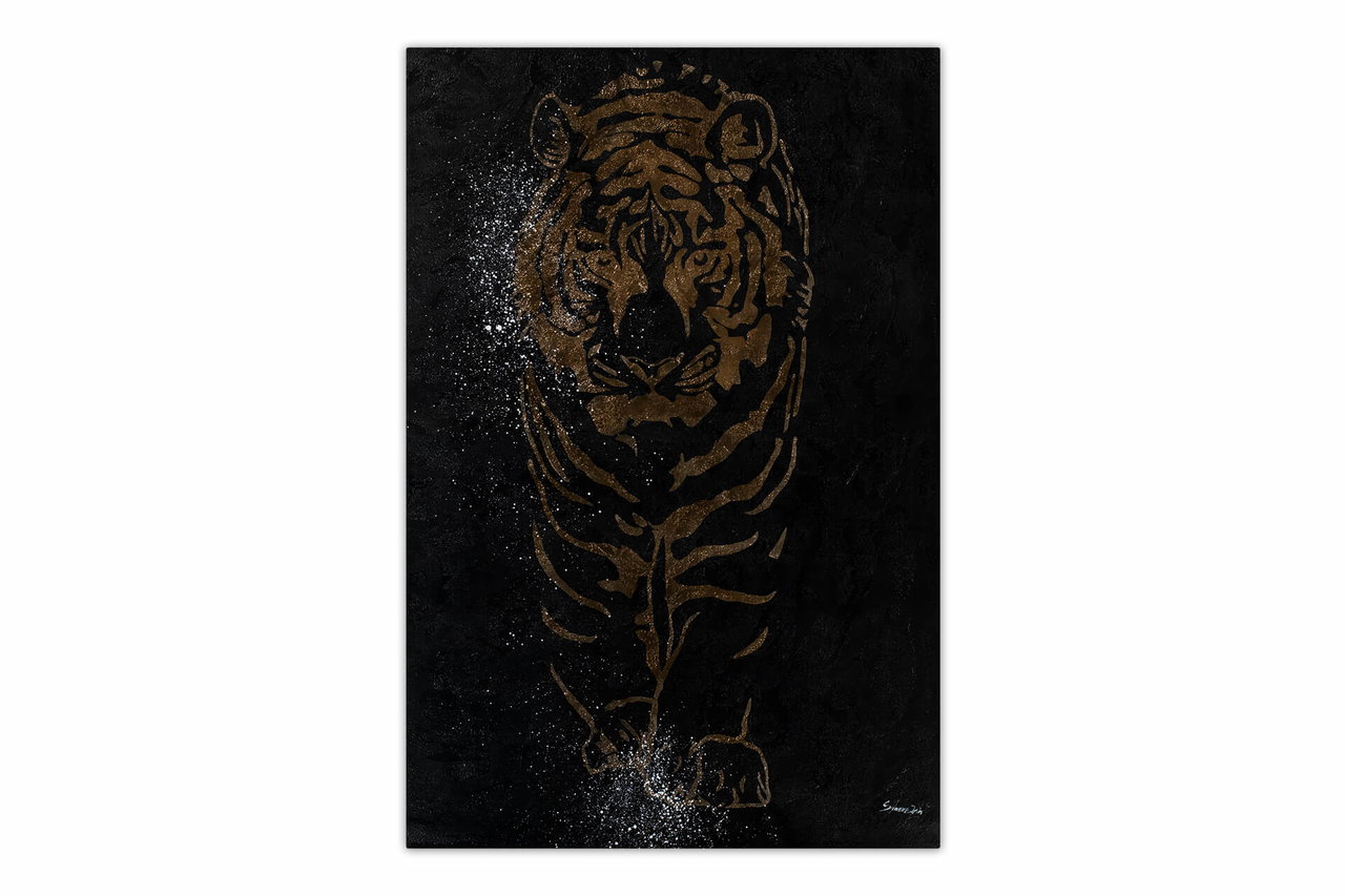 XXL Olieverf schilderijen 'Tiger of the Night' | Handgeschilderd unicum komt in de ruimte goed tot zijn recht.
