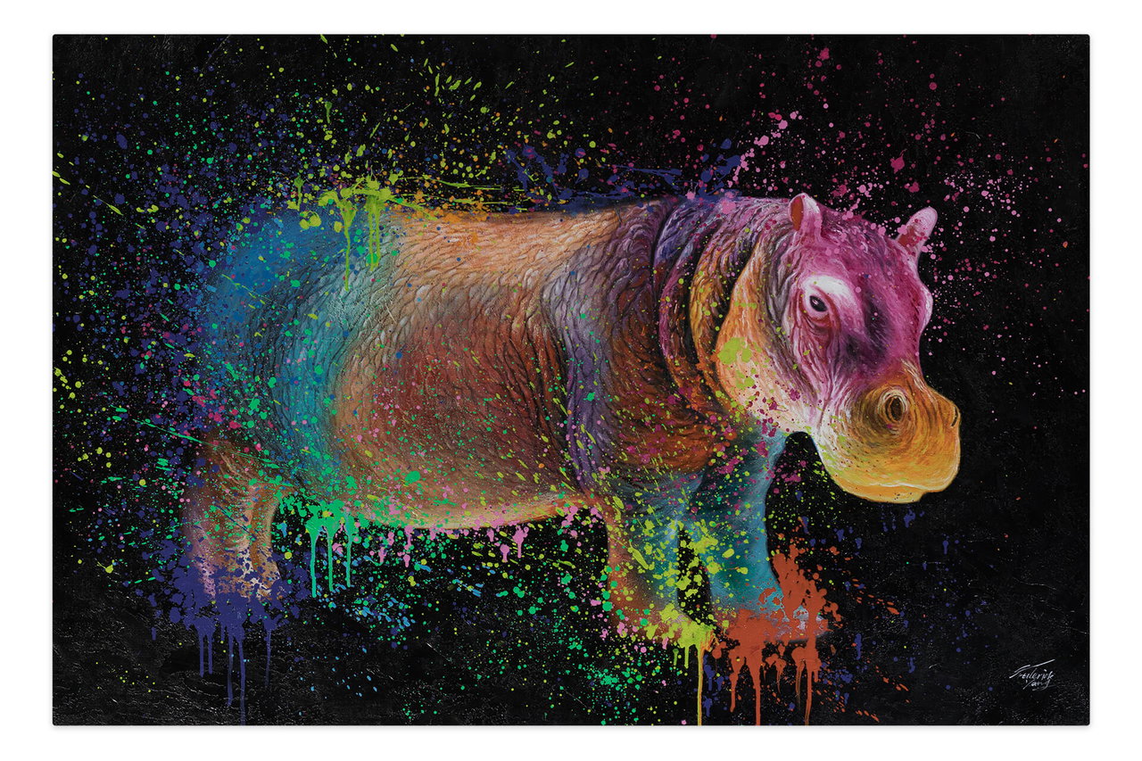 XXL Olieverf schilderijen 'Rainbow Hippo' | Handgeschilderd unicum komt in de ruimte goed tot zijn recht.